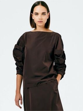 Tibi Sm Structural Modern Architectural Shirred Satiny Dark Brown Top Designer